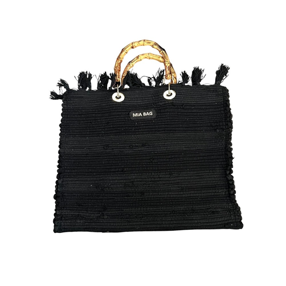 Mia Gypsy Bag Black Woven Tote Fringed Bamboo Handle Boho Handbag